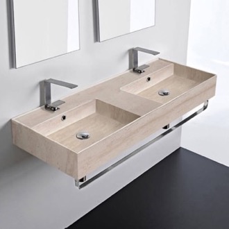 Bathroom Sink Beige Travertine Design Ceramic Wall Mounted Double Sink With Polished Chrome Towel Holder Scarabeo 5143-E-TB